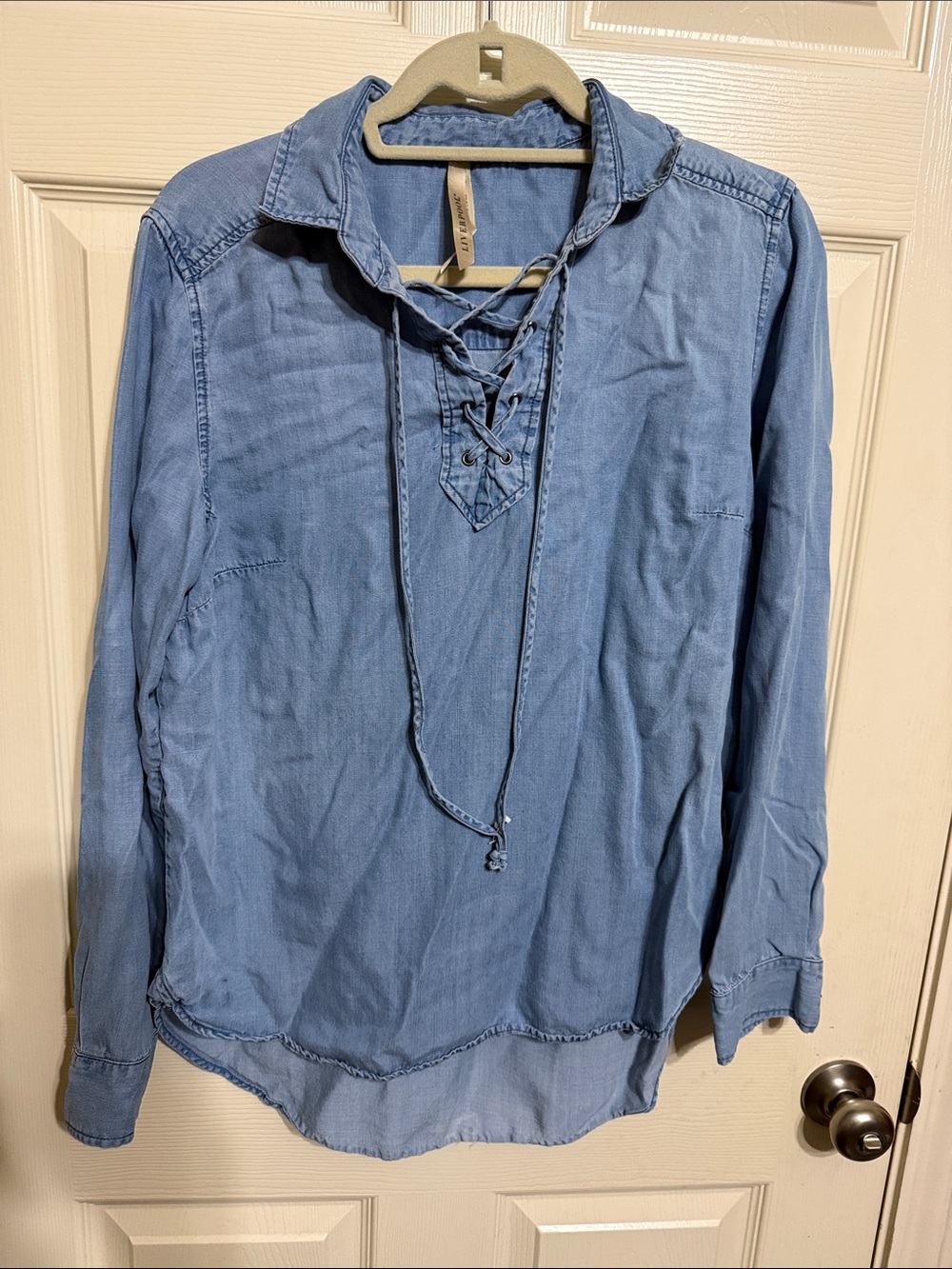 Liverpool Light Blue Lace-Up Denim-Style Long Sleeve Top